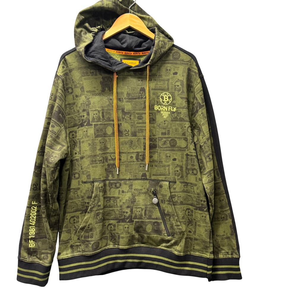 Born Fly Hoodie Mens XL Green Black Money Print Pullover Series 2020 Fleece Line